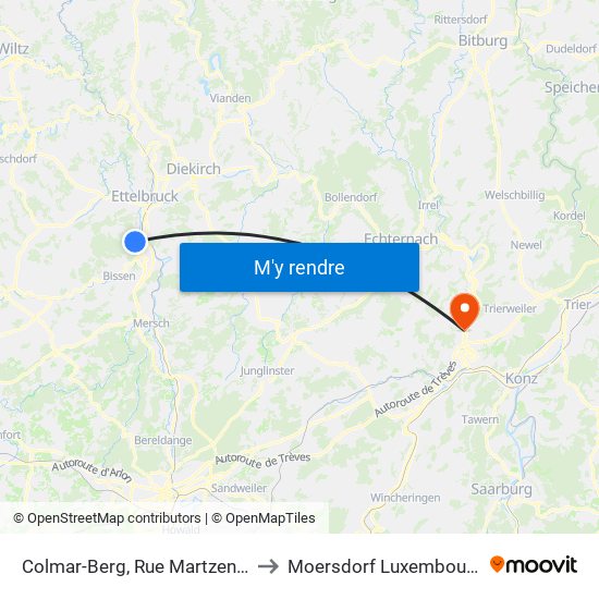 Colmar-Berg, Rue Martzen 2 to Moersdorf Luxembourg map