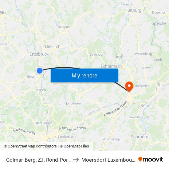 Colmar-Berg, Z.I. Rond-Point to Moersdorf Luxembourg map