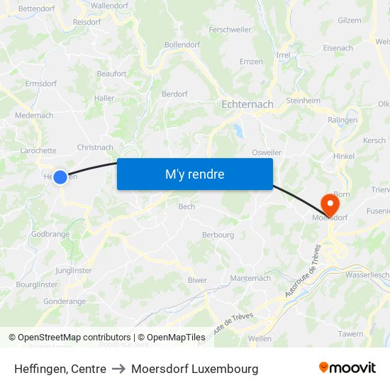 Heffingen, Centre to Moersdorf Luxembourg map
