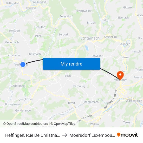 Heffingen, Rue De Christnach to Moersdorf Luxembourg map