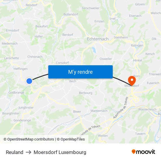 Reuland to Moersdorf Luxembourg map