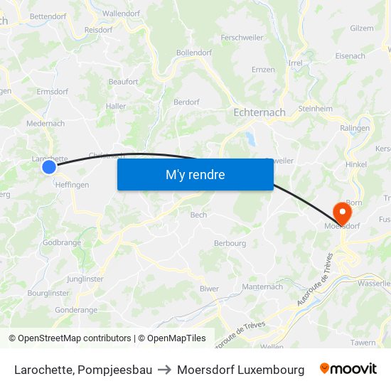 Larochette, Pompjeesbau to Moersdorf Luxembourg map