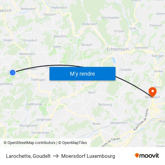 Larochette, Goudelt to Moersdorf Luxembourg map