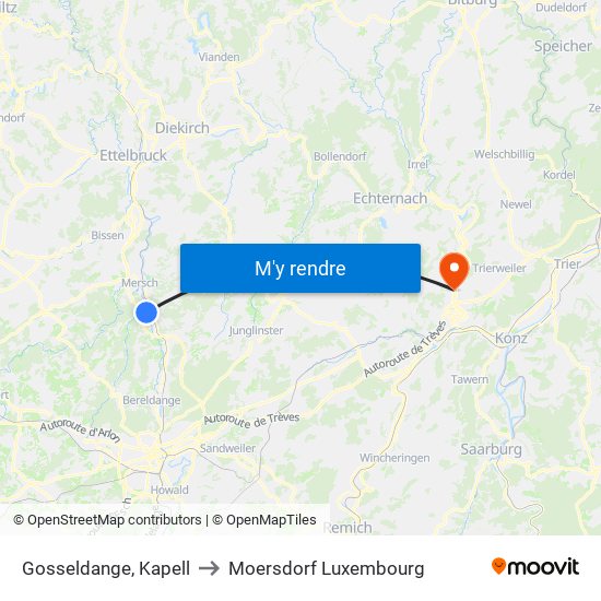 Gosseldange, Kapell to Moersdorf Luxembourg map
