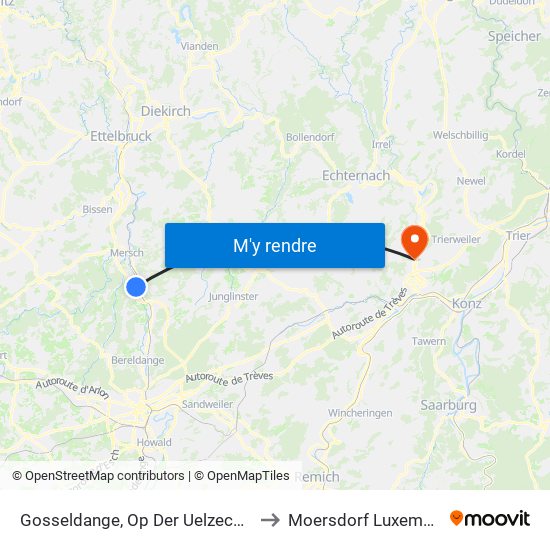 Gosseldange, Op Der Uelzechtbréck to Moersdorf Luxembourg map