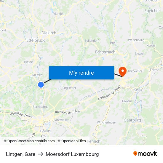 Lintgen, Gare to Moersdorf Luxembourg map