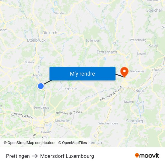 Prettingen to Moersdorf Luxembourg map