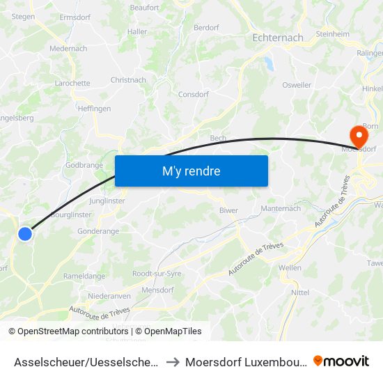 Asselscheuer/Uesselscheier to Moersdorf Luxembourg map