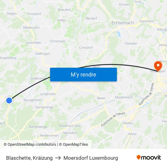 Blaschette, Kräizung to Moersdorf Luxembourg map