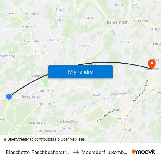 Blaschette, Fëschbecherstrooss to Moersdorf Luxembourg map