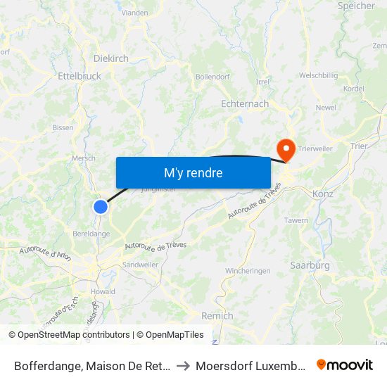 Bofferdange, Maison De Retraite to Moersdorf Luxembourg map