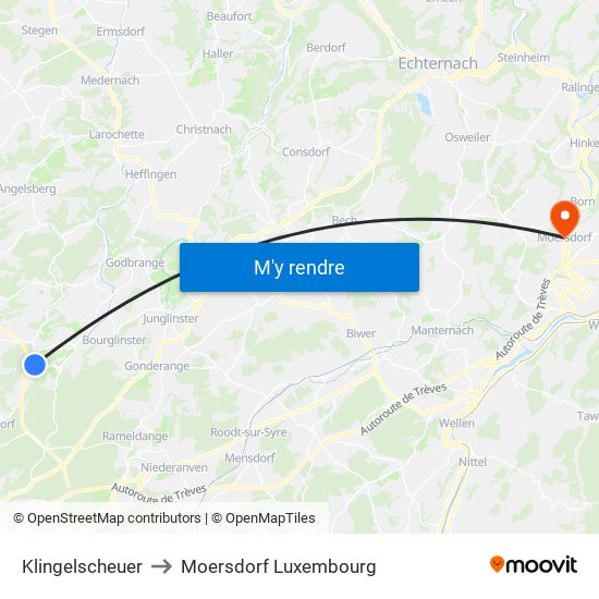 Klingelscheuer to Moersdorf Luxembourg map