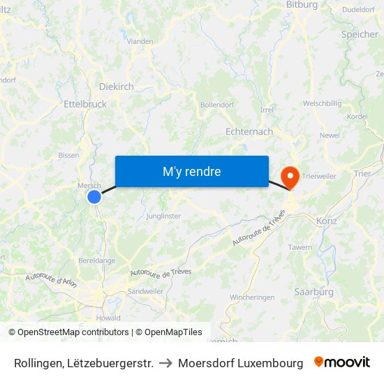 Rollingen, Lëtzebuergerstr. to Moersdorf Luxembourg map