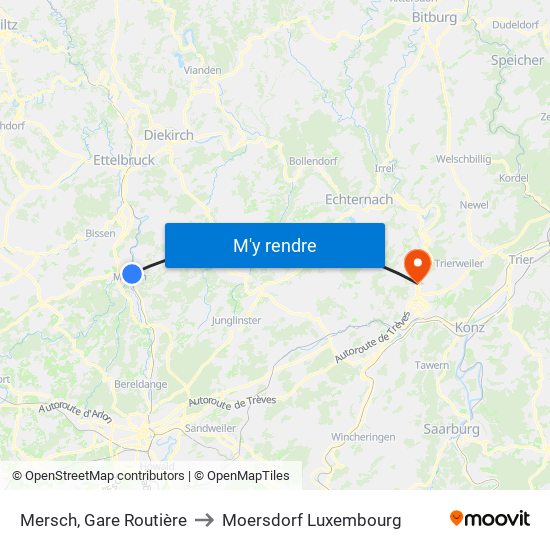 Mersch, Gare Routière to Moersdorf Luxembourg map