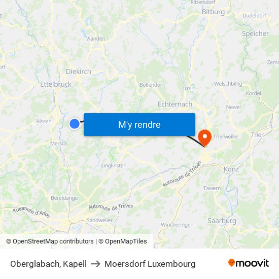 Oberglabach, Kapell to Moersdorf Luxembourg map