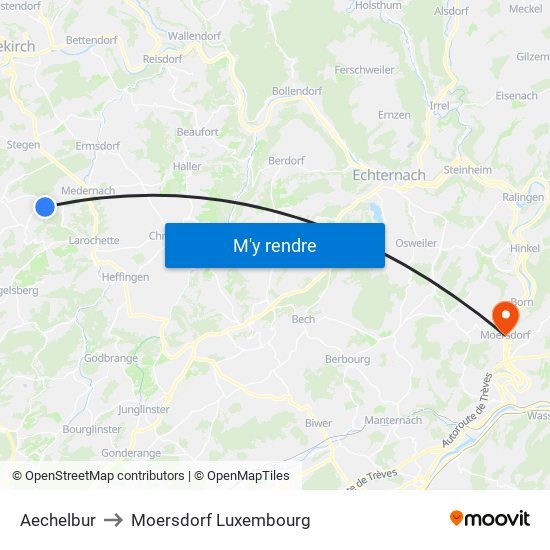 Aechelbur to Moersdorf Luxembourg map