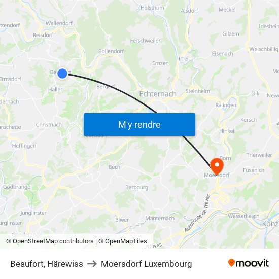 Beaufort, Härewiss to Moersdorf Luxembourg map