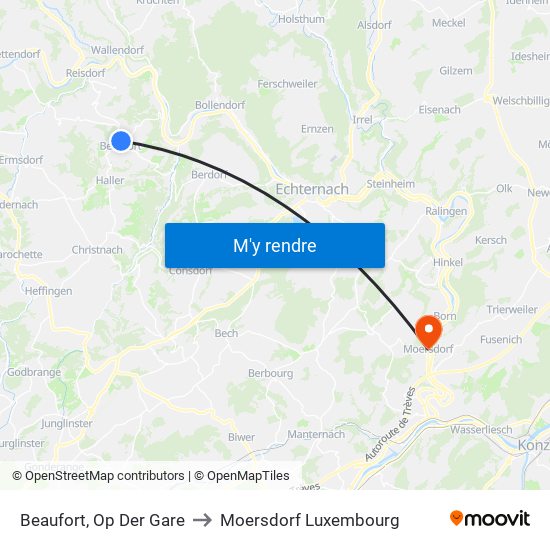 Beaufort, Op Der Gare to Moersdorf Luxembourg map