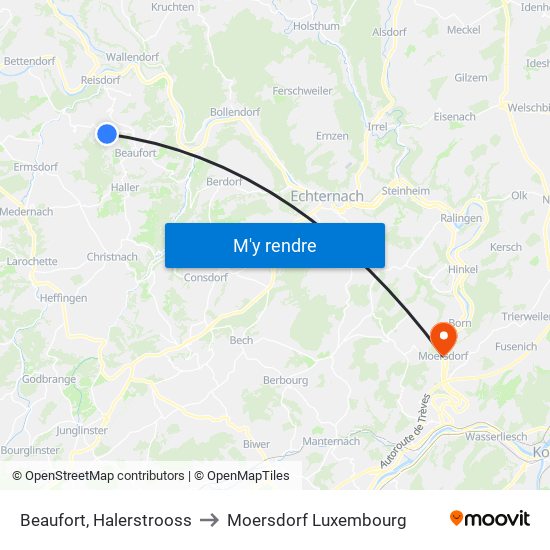 Beaufort, Halerstrooss to Moersdorf Luxembourg map