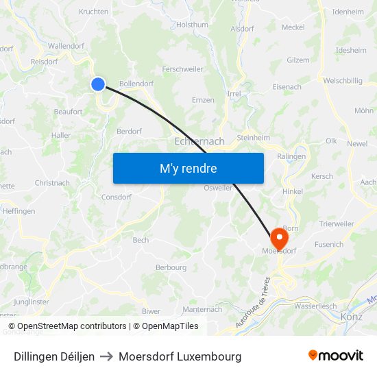 Dillingen Déiljen to Moersdorf Luxembourg map