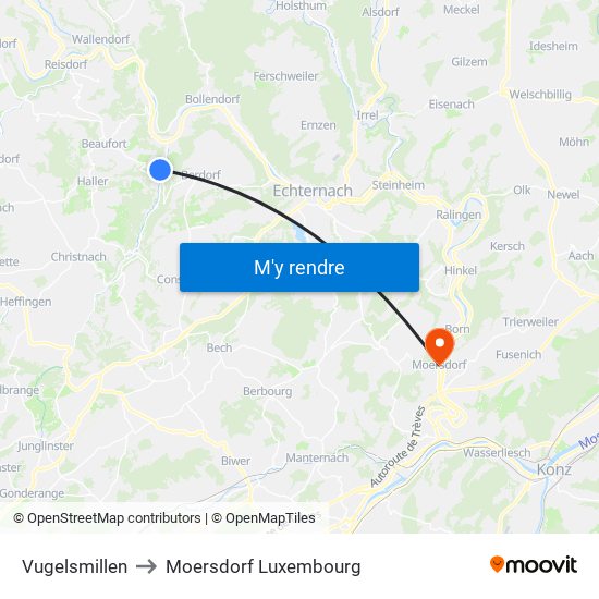 Vugelsmillen to Moersdorf Luxembourg map