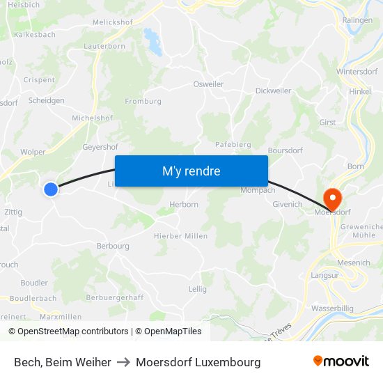 Bech, Beim Weiher to Moersdorf Luxembourg map