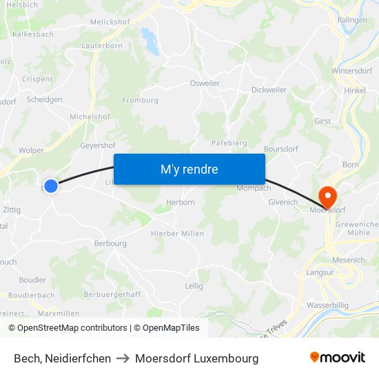 Bech, Neidierfchen to Moersdorf Luxembourg map