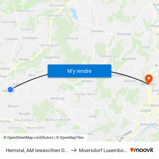 Hemstal, AM Ieweschten Duerf to Moersdorf Luxembourg map