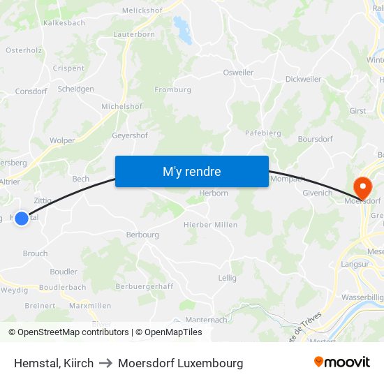 Hemstal, Kiirch to Moersdorf Luxembourg map