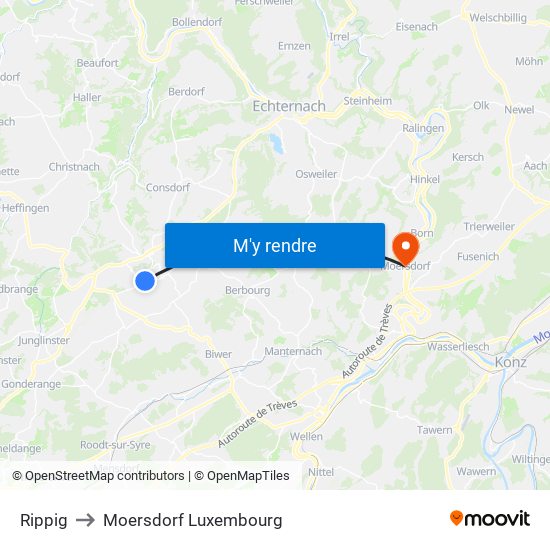 Rippig to Moersdorf Luxembourg map