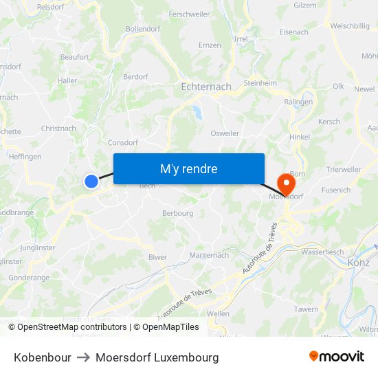 Kobenbour to Moersdorf Luxembourg map