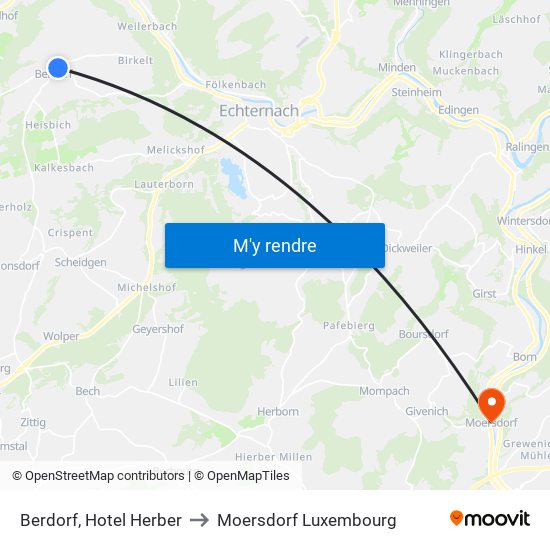 Berdorf, Hotel Herber to Moersdorf Luxembourg map