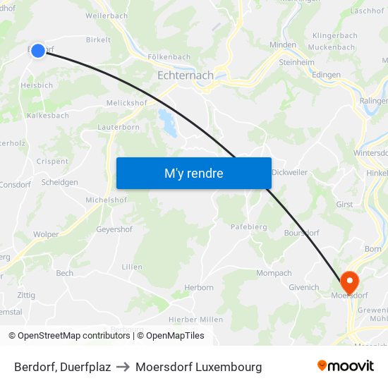 Berdorf, Duerfplaz to Moersdorf Luxembourg map
