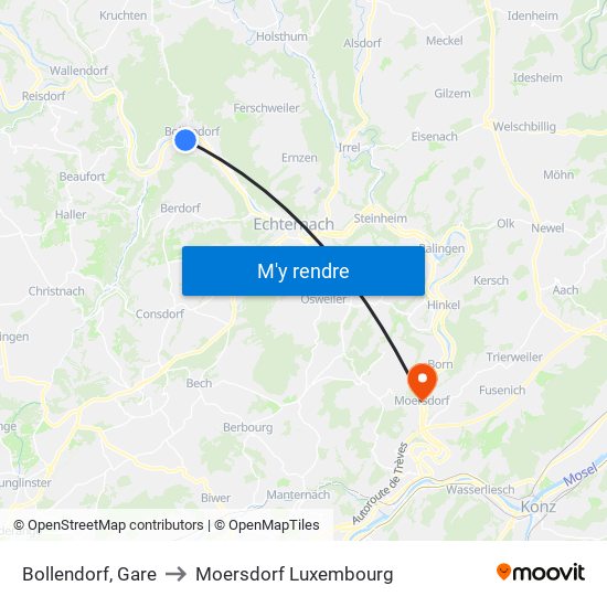 Bollendorf, Gare to Moersdorf Luxembourg map