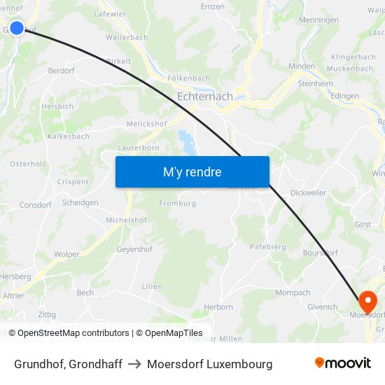Grundhof, Grondhaff to Moersdorf Luxembourg map