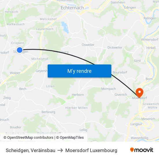 Scheidgen, Veräinsbau to Moersdorf Luxembourg map