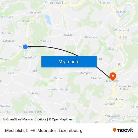 Mechelshaff to Moersdorf Luxembourg map