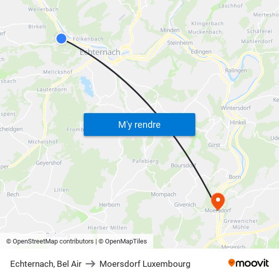 Echternach, Bel Air to Moersdorf Luxembourg map