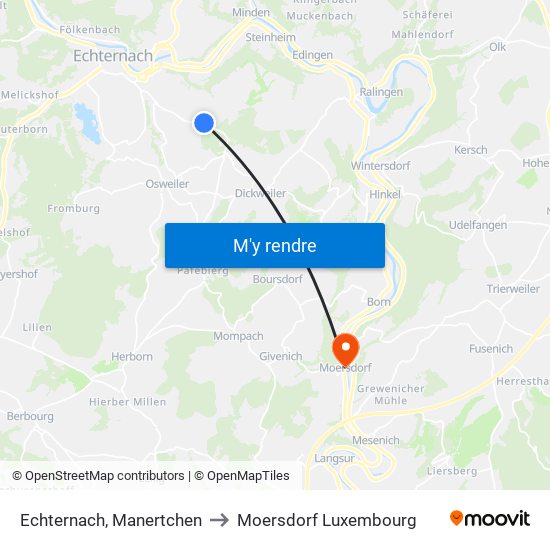 Echternach, Manertchen to Moersdorf Luxembourg map