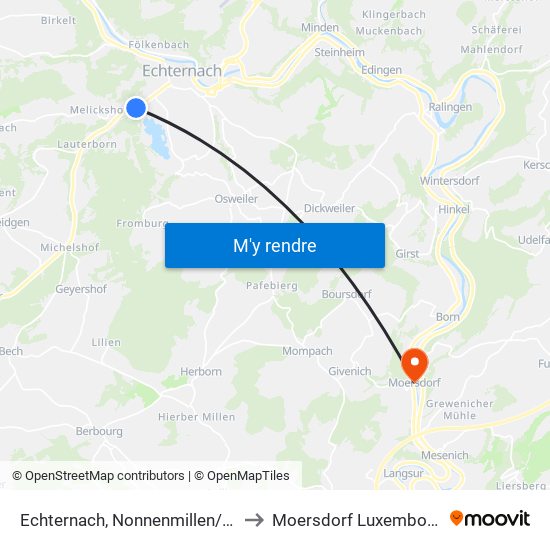 Echternach, Nonnenmillen/Lac to Moersdorf Luxembourg map