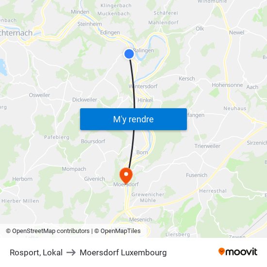 Rosport, Lokal to Moersdorf Luxembourg map