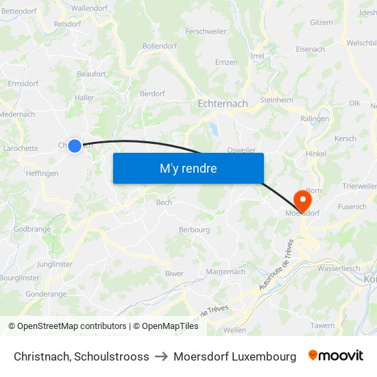 Christnach, Schoulstrooss to Moersdorf Luxembourg map