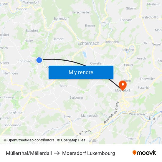 Müllerthal/Mëllerdall to Moersdorf Luxembourg map