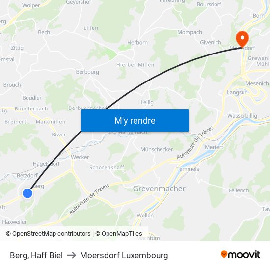 Berg, Haff Biel to Moersdorf Luxembourg map