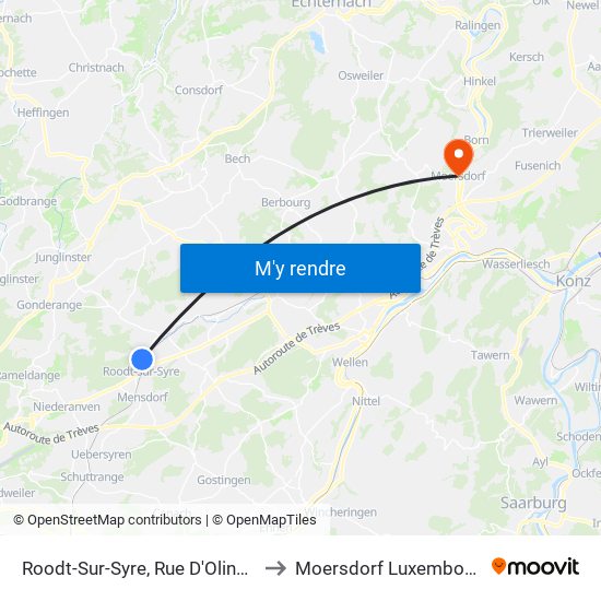 Roodt-Sur-Syre, Rue D'Olingen to Moersdorf Luxembourg map