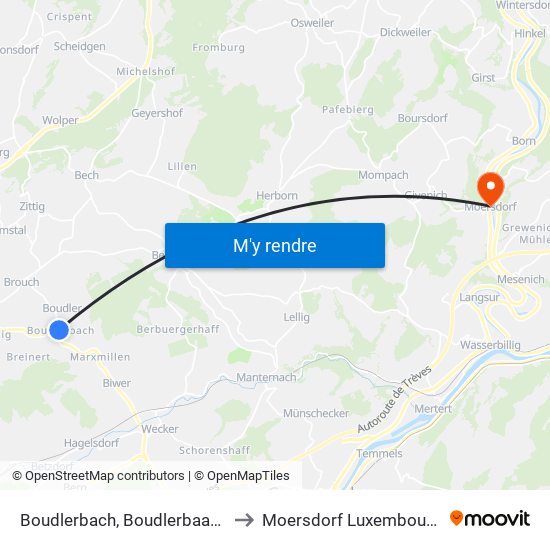 Boudlerbach, Boudlerbaach to Moersdorf Luxembourg map