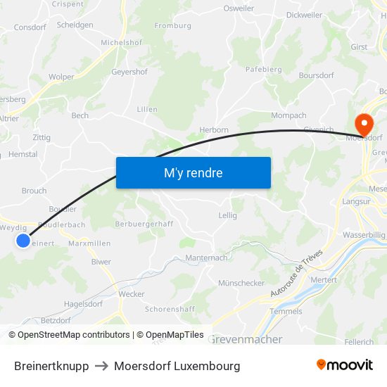 Breinertknupp to Moersdorf Luxembourg map