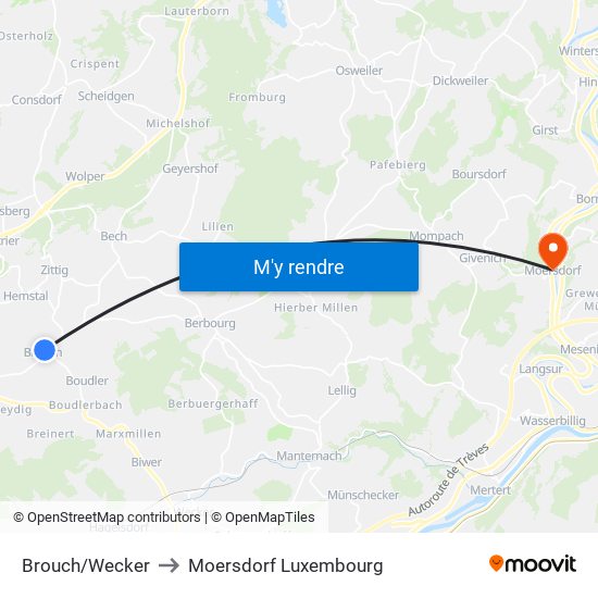 Brouch/Wecker to Moersdorf Luxembourg map