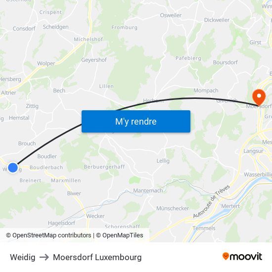 Weidig to Moersdorf Luxembourg map