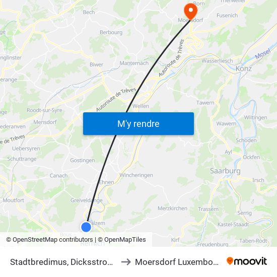 Stadtbredimus, Dicksstrooss to Moersdorf Luxembourg map